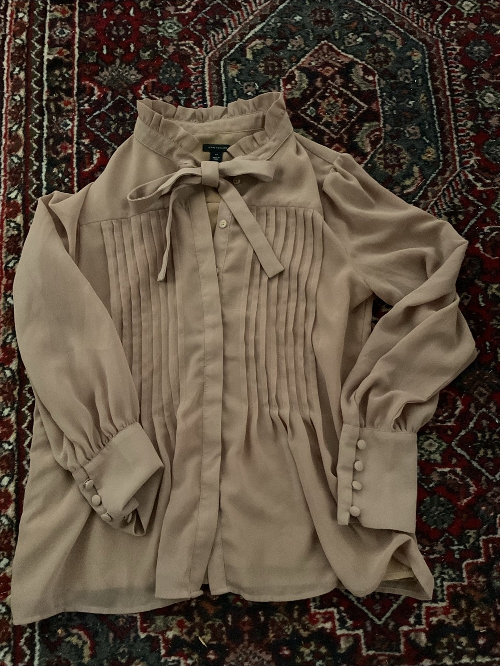 Ann Taylor Beige Ruffle Tie-Neck Pintuck Blouse